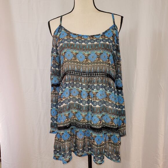 Paper Crane size large 3/4 Bell Sleeve Cold Shoulder blue sheer Tunic - Picture 1 of 7
